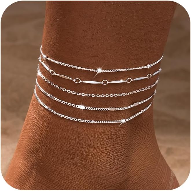 LEXODY Silver/Gold Anklets for Women, Sterling Silver Evil Eye Ankle Bracelets for Women Trendy Dainty Waterproof Anklets Set Adjustable Layered Anklet Bracelets for Women Silver Jewelry Gift - Image 1